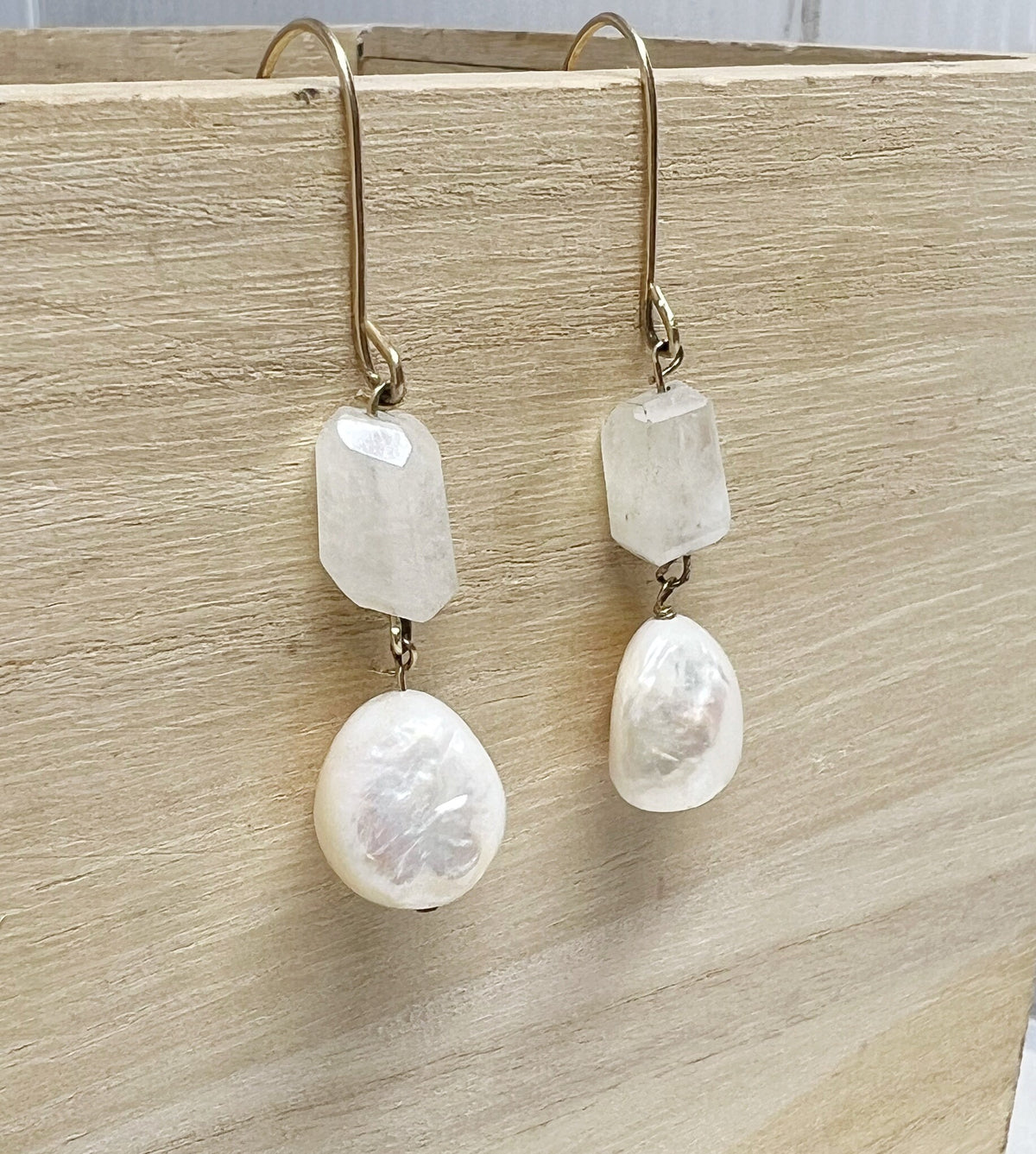 Rainbow Moonstone Pearl Earrings Raw Gemstone Handcrafted Jewelry