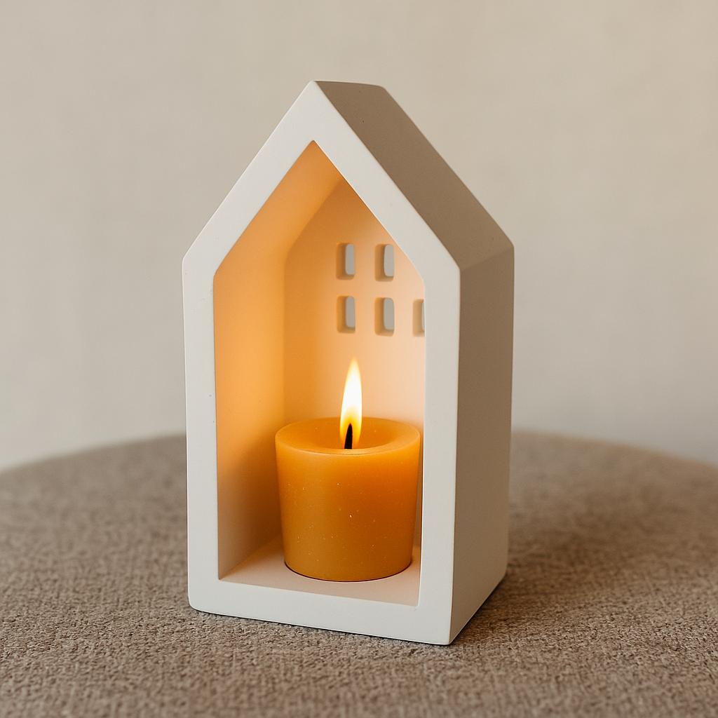 Hand poured Hydro stone candle holder house with beeswax votive