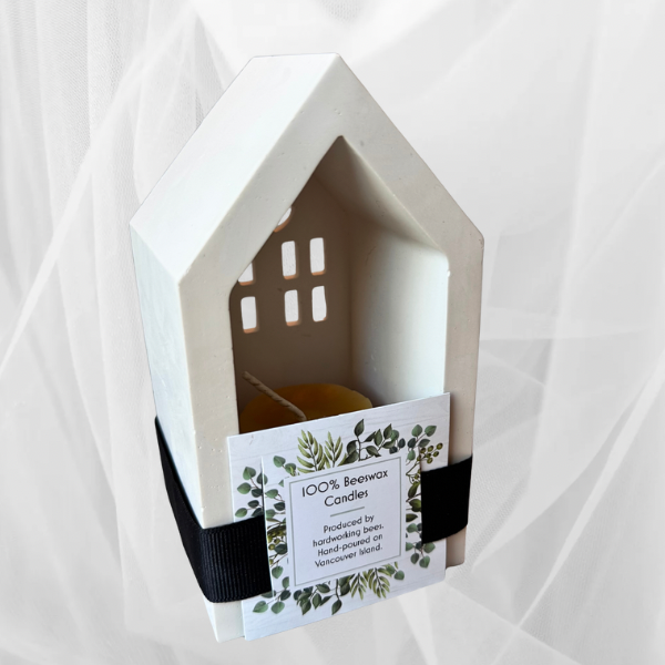 Hand poured Hydro stone candle holder house with beeswax votive