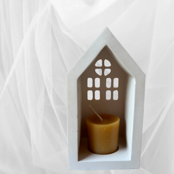 Hand poured Hydro stone candle holder house with beeswax votive
