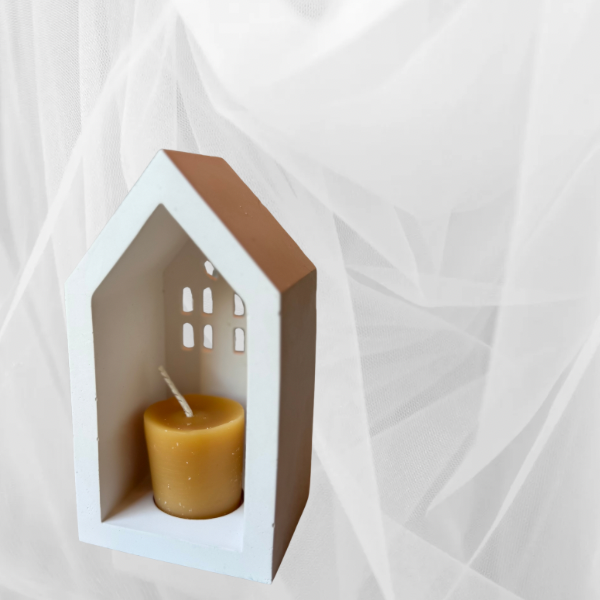 Hand poured Hydro stone candle holder house with beeswax votive