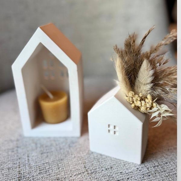 Hand poured Hydro stone candle holder house with beeswax votive