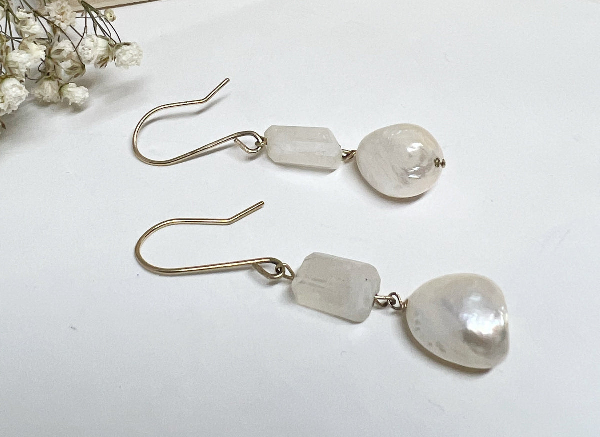 Rainbow Moonstone Pearl Earrings Raw Gemstone Handcrafted Jewelry