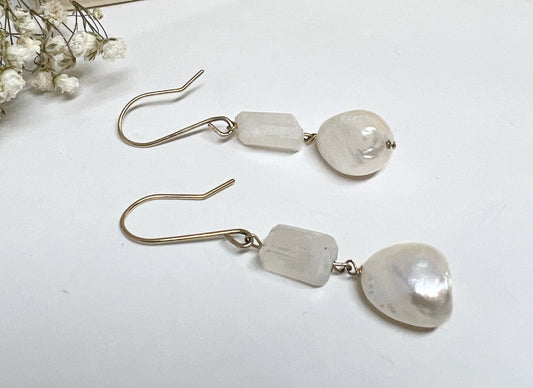 Rainbow Moonstone Pearl Earrings Raw Gemstone Handcrafted Jewelry